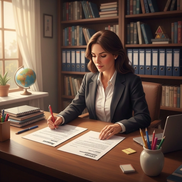 Teacher reviewing a resume and cover letter in a calm educational setting