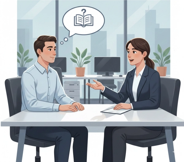 Job interview opening question “Tell me about yourself” with candidate and interviewer