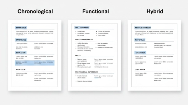 Comparison of chronological, functional, and hybrid resume formats in clean modern layout