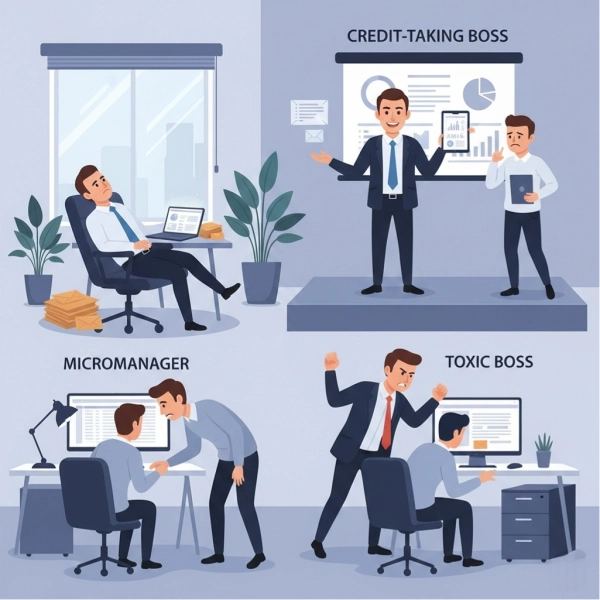 Different types of difficult bosses such as micromanager, toxic boss, and absent boss
