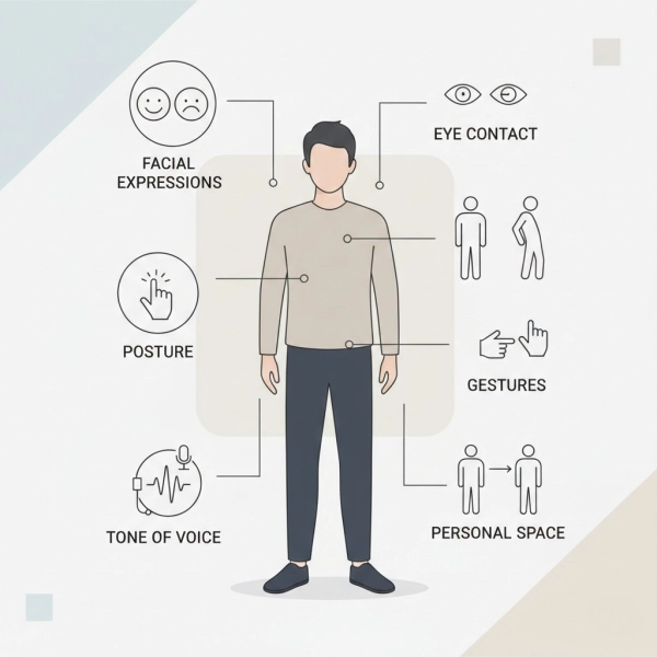 Types of nonverbal communication including facial expressions, gestures, and posture