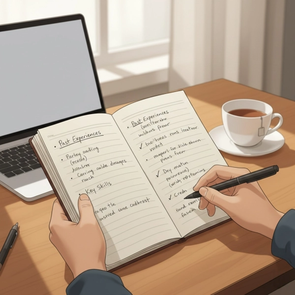 Interview questions written on notes as a candidate prepares examples from past experience