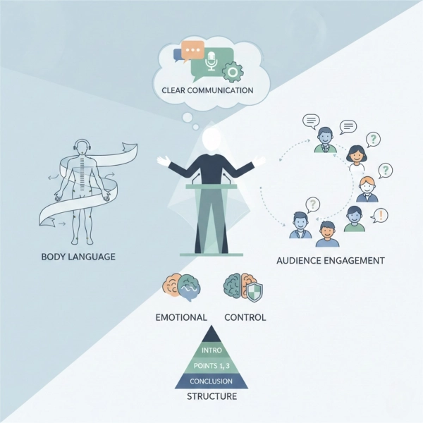 Visual representation of core public speaking skills such as communication and confidence