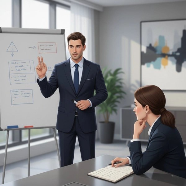 Interviewer evaluating a candidate’s analytical thinking and communication during a case study interview