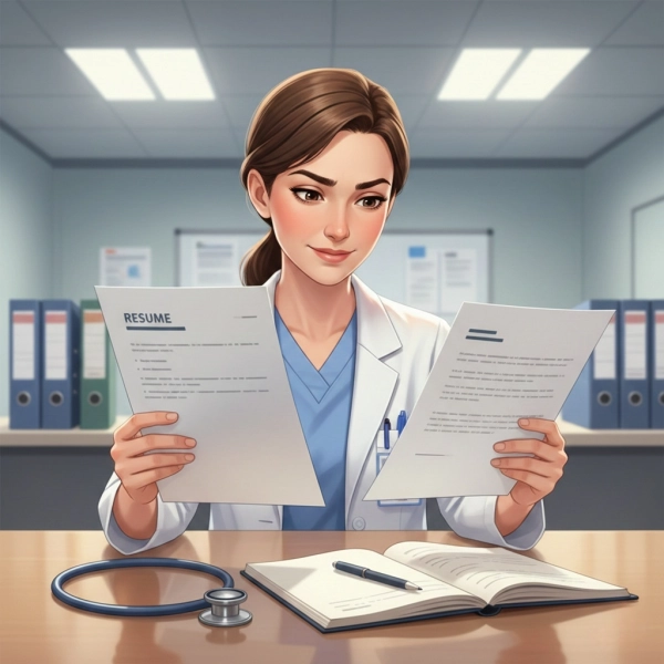 Nurse comparing a resume and cover letter at a desk with medical tools