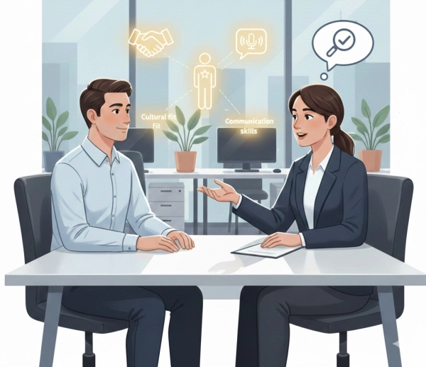 Recruiter evaluating candidate confidence and communication during interview