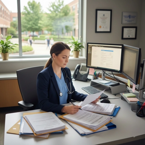 Nurse manager reviewing nursing job applications thoughtfully