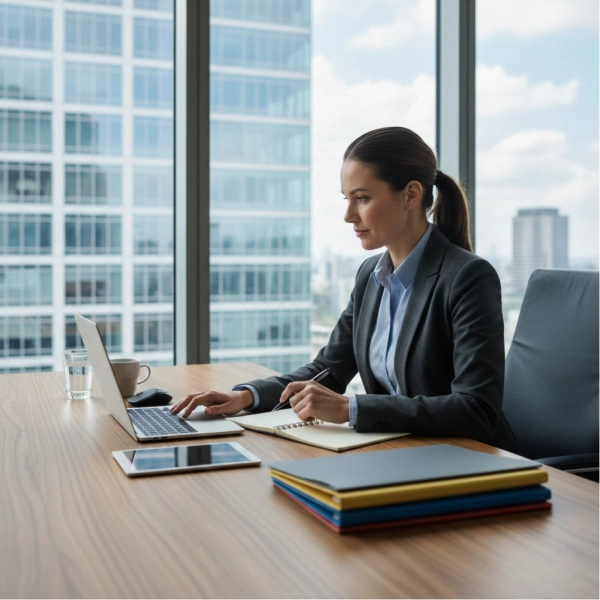 Professional employee working efficiently at a modern desk, illustrating smart productivity habits at work