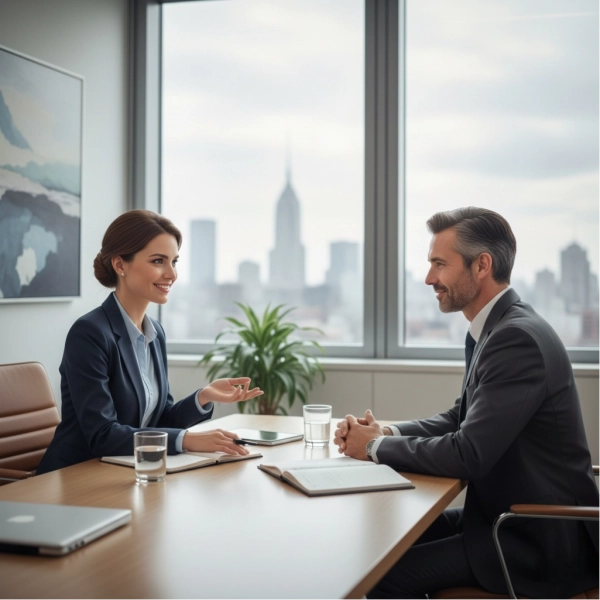 Professional having a discussion with a recruiter about job opportunities