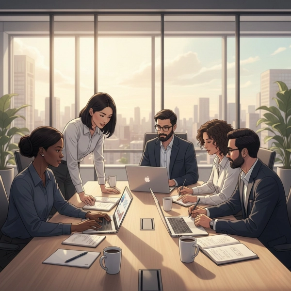 Professionals discussing work tasks collaboratively in a modern office meeting